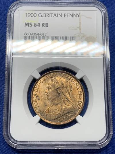 《竞宝斋》第427场 周日，周一  2场连拍 （全场包邮） - NGC MS64RB 英国1900年  维多利亚披纱1便士 铜光细节不错