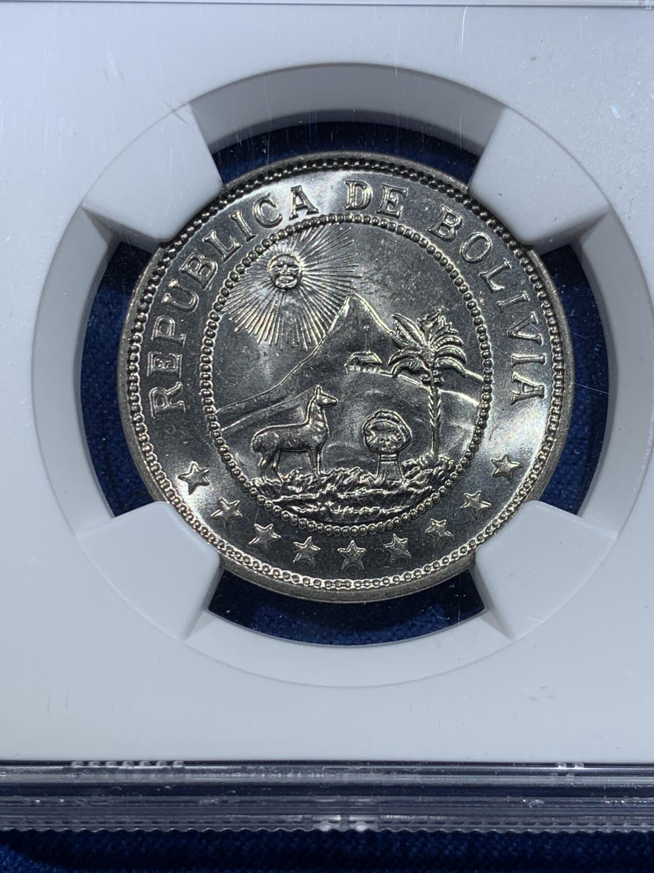 《竞宝斋》第427场 周日，周一  2场连拍 （全场包邮） NGC MS63 玻利维亚1939年50C，经典草泥马图案，背面权杖双蛇精美