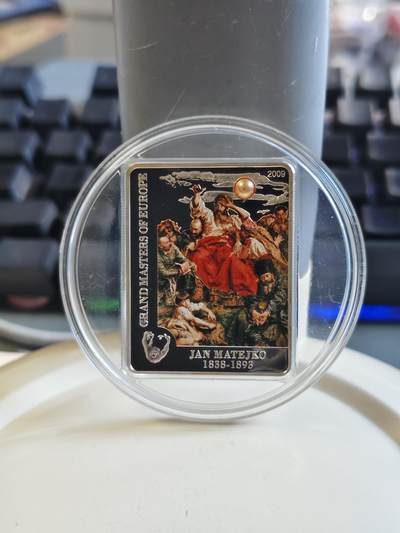 第178期拍卖【长期征集拍品】 - 库克2009年马泰伊科名画韦尔内霍拉镶嵌天然珍珠银币，925银镶嵌珍珠，25克，30*38毫米，塑料盒有破