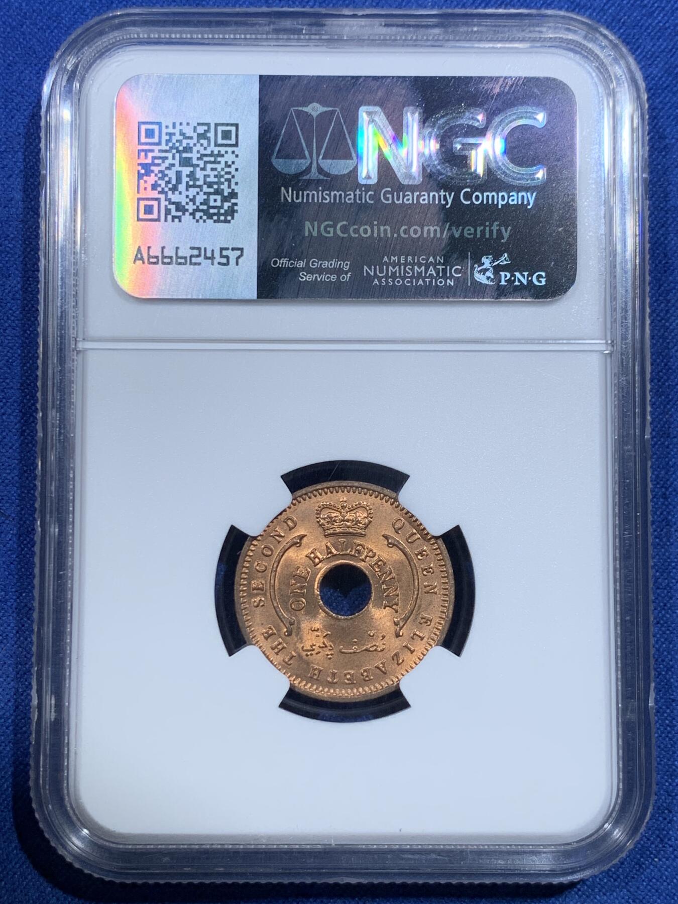 《竞宝斋》第427场 周日，周一  2场连拍 （全场包邮） NGC MS65RD 英属尼日利亚1959年1/2便士铜币 拆卷品高分！