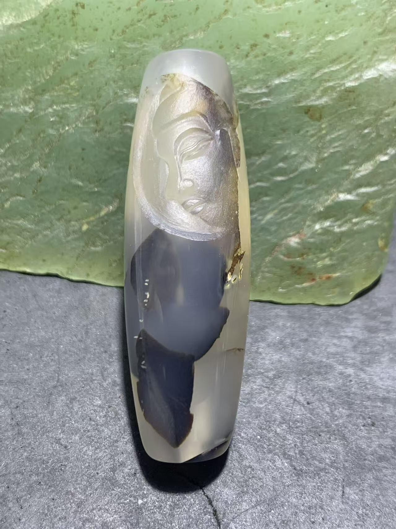 精美高玉化原皮亚光海洋玉髓手工俏色巧雕如来佛祖大桶珠一个！