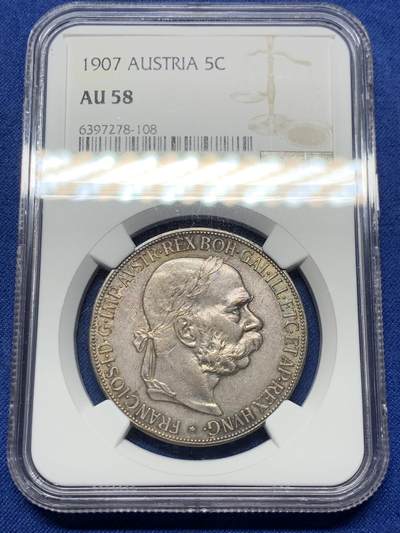 《竞宝斋》第427场 周日，周一  2场连拍 （全场包邮） - NGC AU58 奥匈帝国1907年弗朗茨约瑟夫一世5克朗银币 上AU58确实也不多见