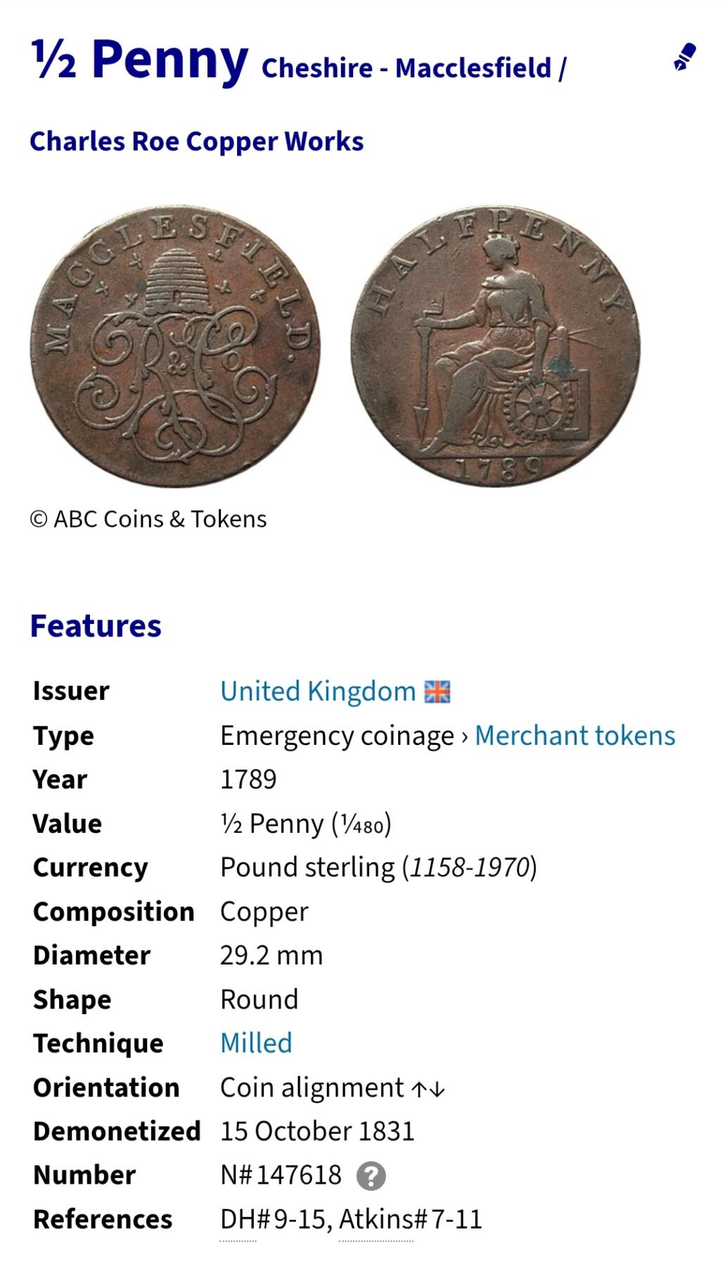 2025年第一百零八场(总第一百三十四场）外国好品散币(免佣金) 英国🇬🇧1789年半便士代币(蜂巢画押图案，柴郡-麦克雷斯菲尔德商业代币，有查尔斯·罗伊铜业公司制造