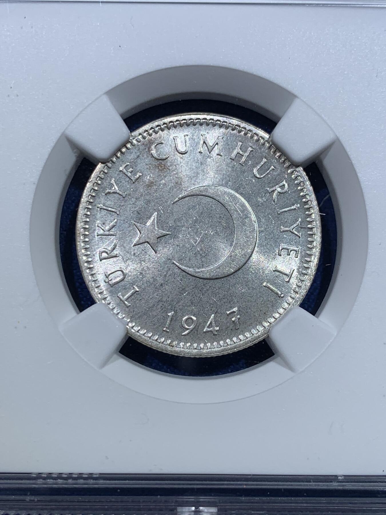 《竞宝斋》第427场 周日，周一  2场连拍 （全场包邮） NGC MS63 土耳其1947年1里拉银币