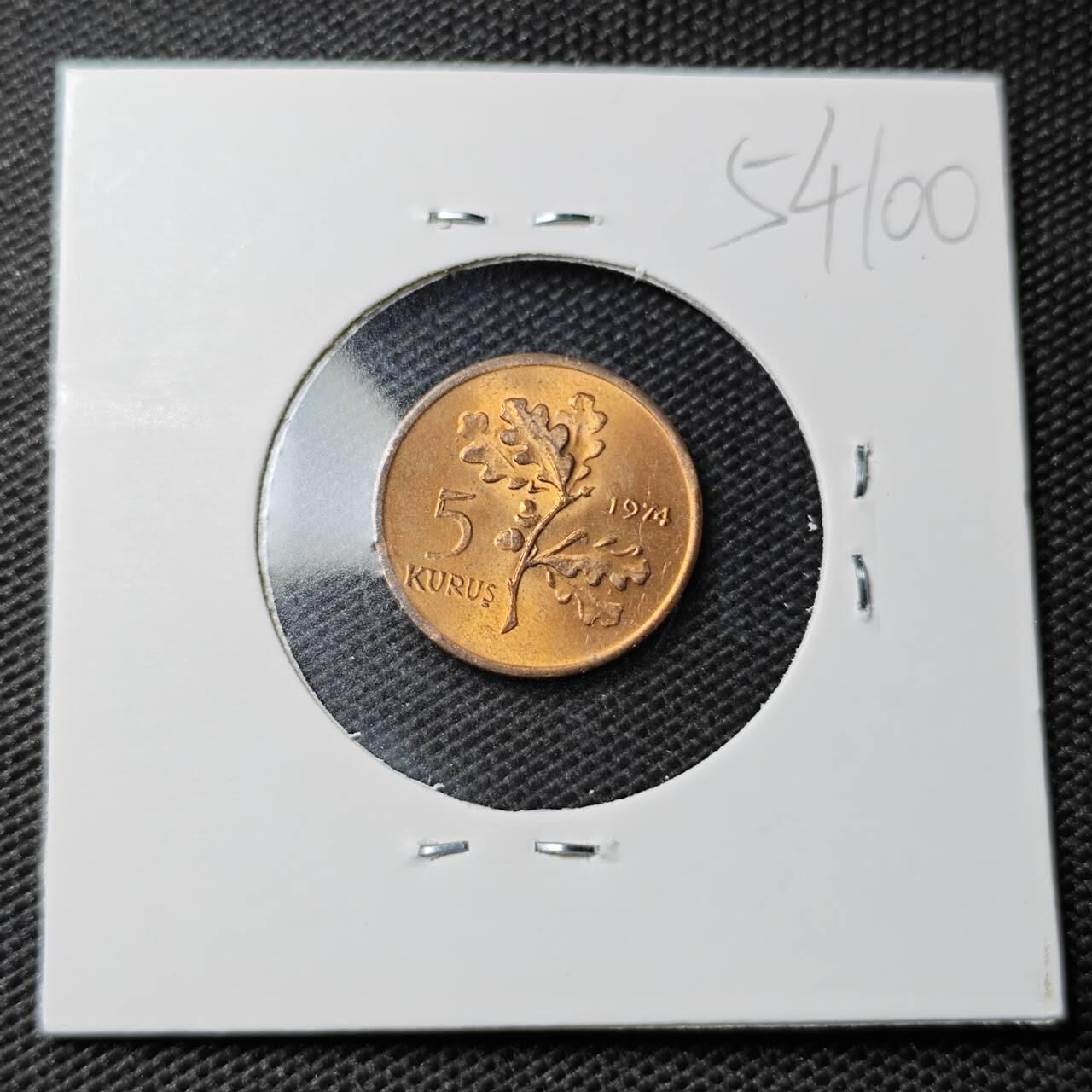 KK钱币收藏小铺 第354场 2月预留时间 周末发货 1974土耳其5库鲁铜币 好品 