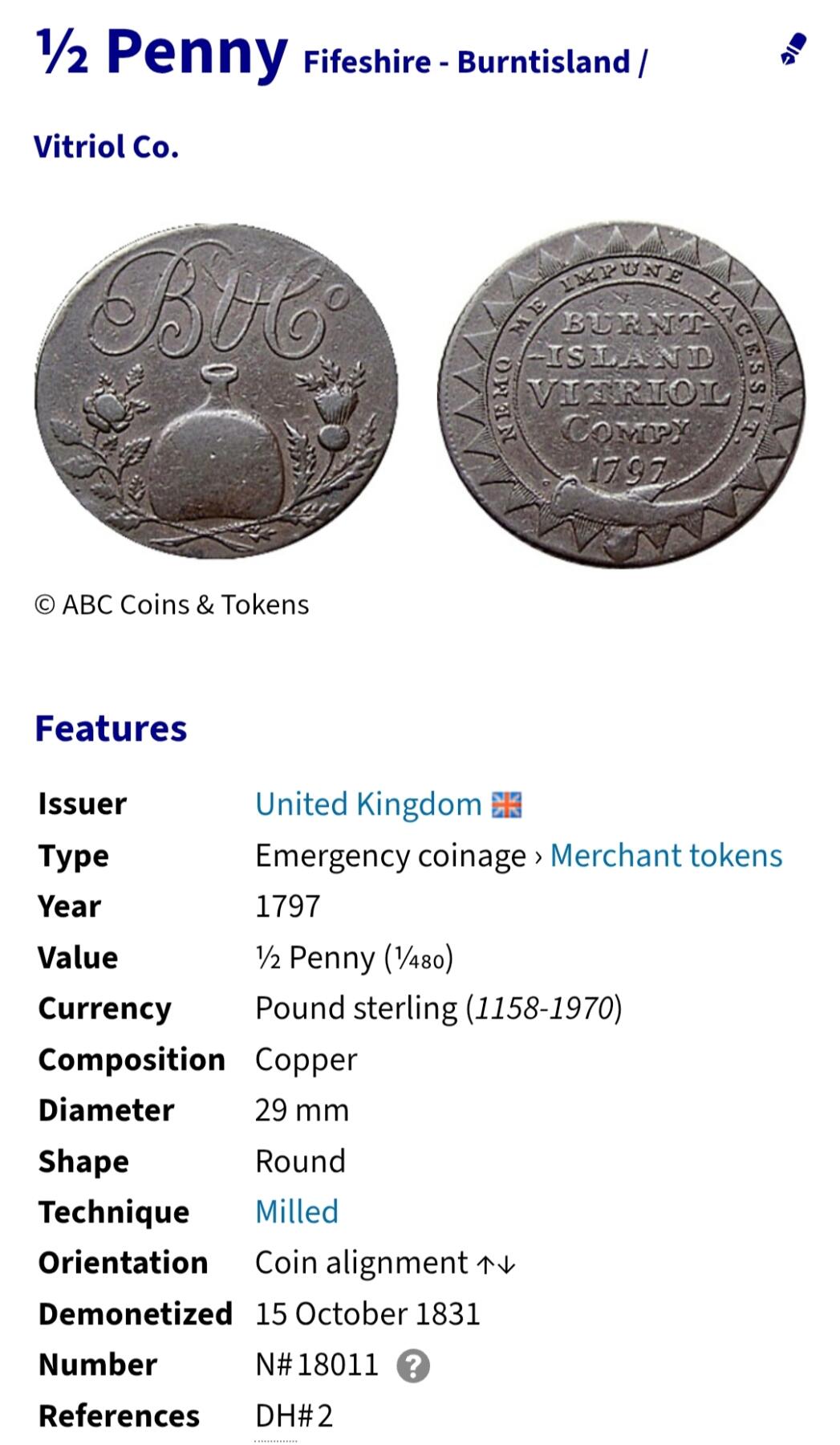 2025年第一百零八场(总第一百三十四场）外国好品散币(免佣金) 英国🇬🇧1797年半便士代币(苏格兰法夫郡–伯恩岛商业代币)