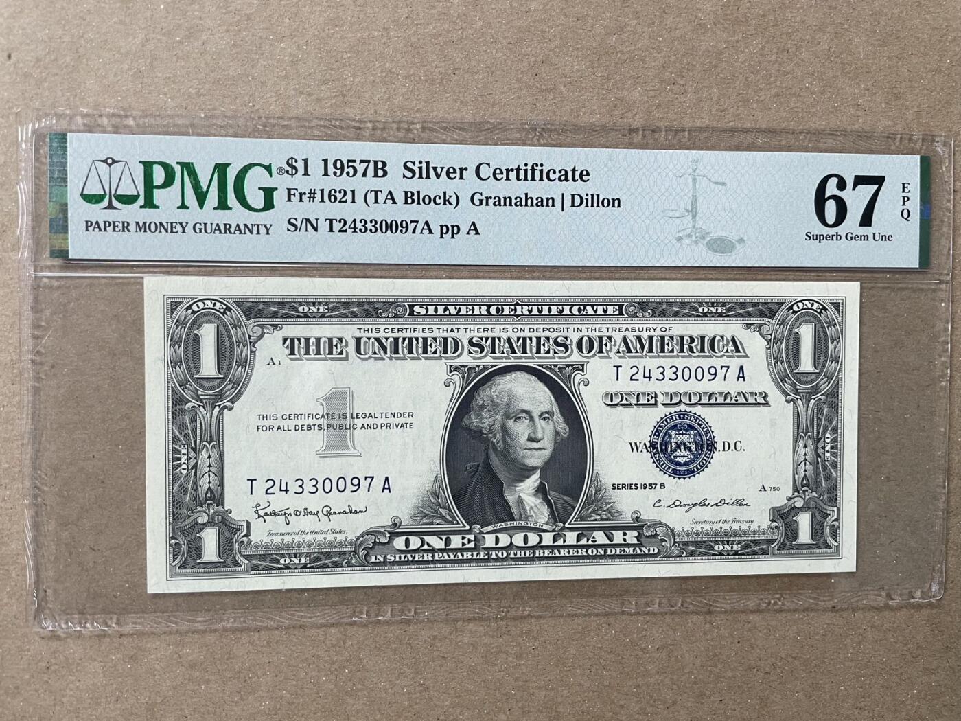 美国1957年B版1美元 TA冠 PMG67EPQ T24330097A