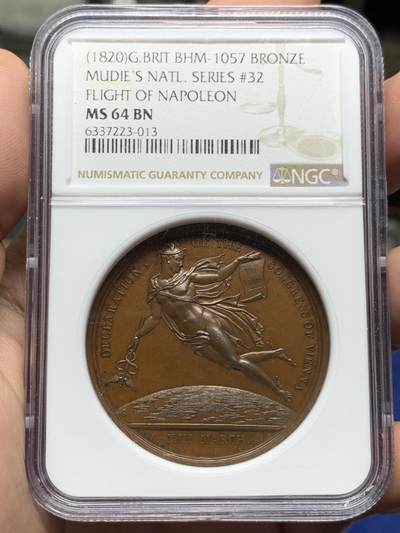 《竞宝斋》第427场 周日，周一  2场连拍 （全场包邮） - NGC MS64BN 英国1820年纪念维也纳宣言加厚大铜章（化身赫尔墨斯德拿破仑飞翔于厄尔巴岛）加厚盒装 极美细节