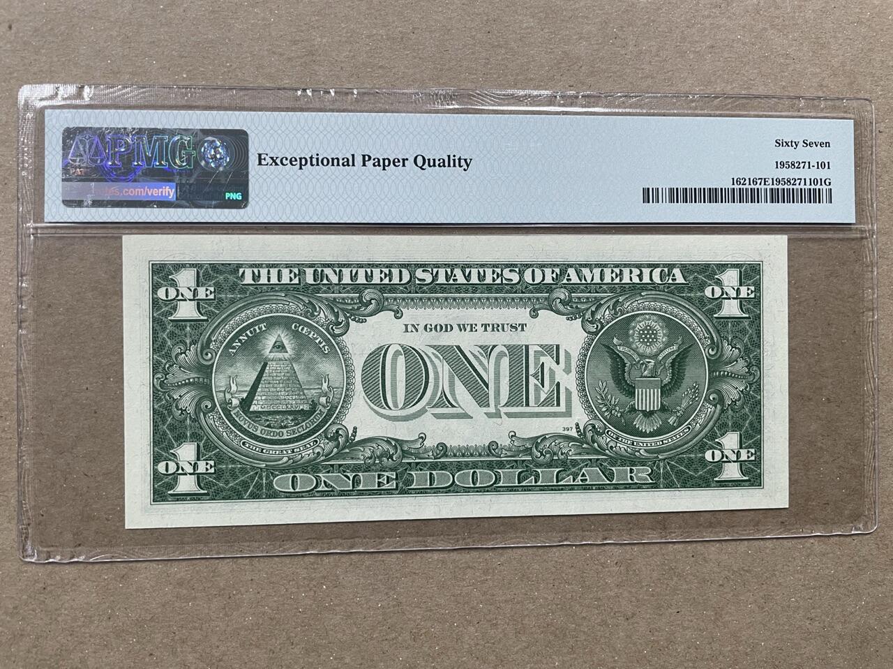 美国1957年B版白银券1美元  RA冠 PMG67EPQ R97347374A