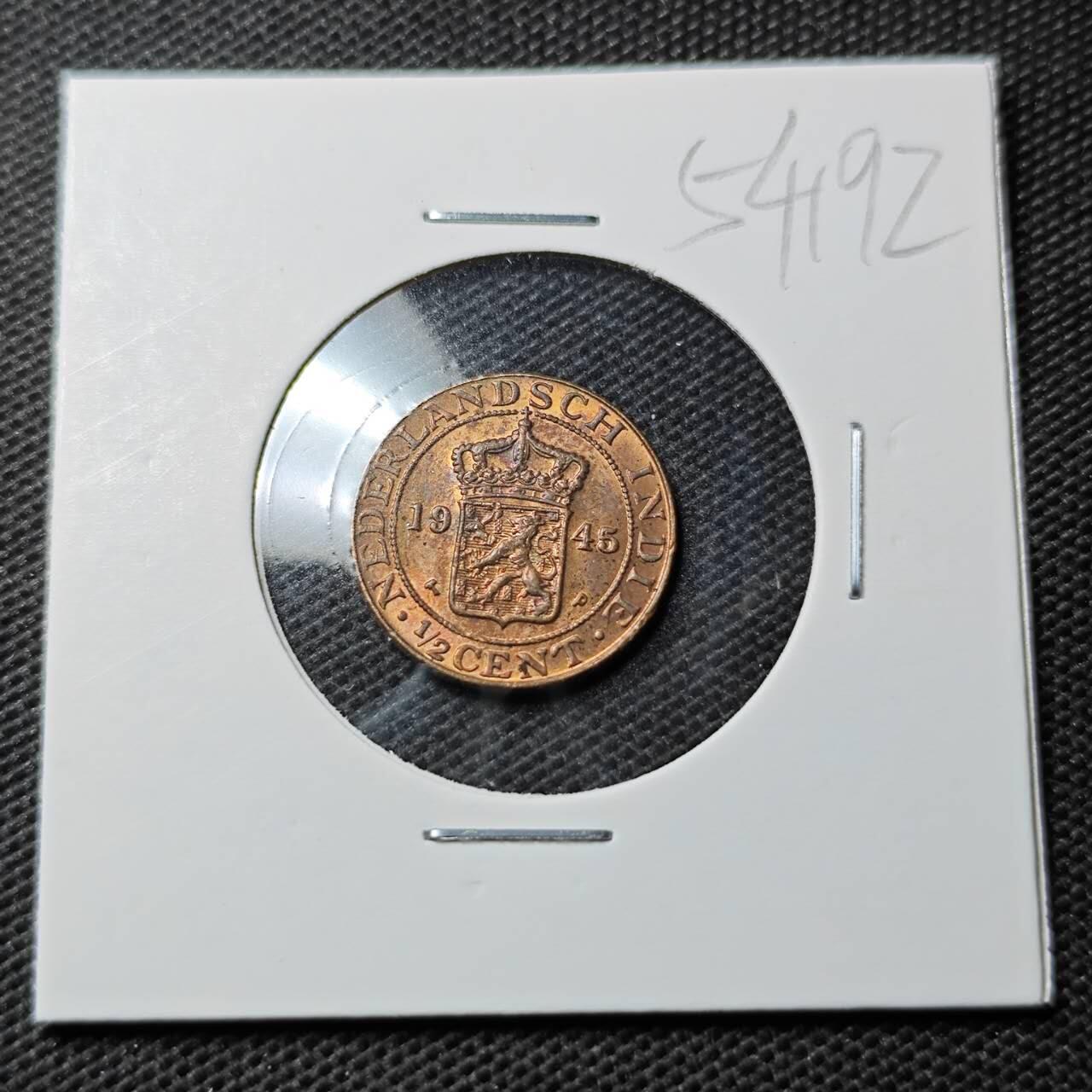 KK钱币收藏小铺 第354场 2月预留时间 周末发货  1945荷属东印度0.5分铜币