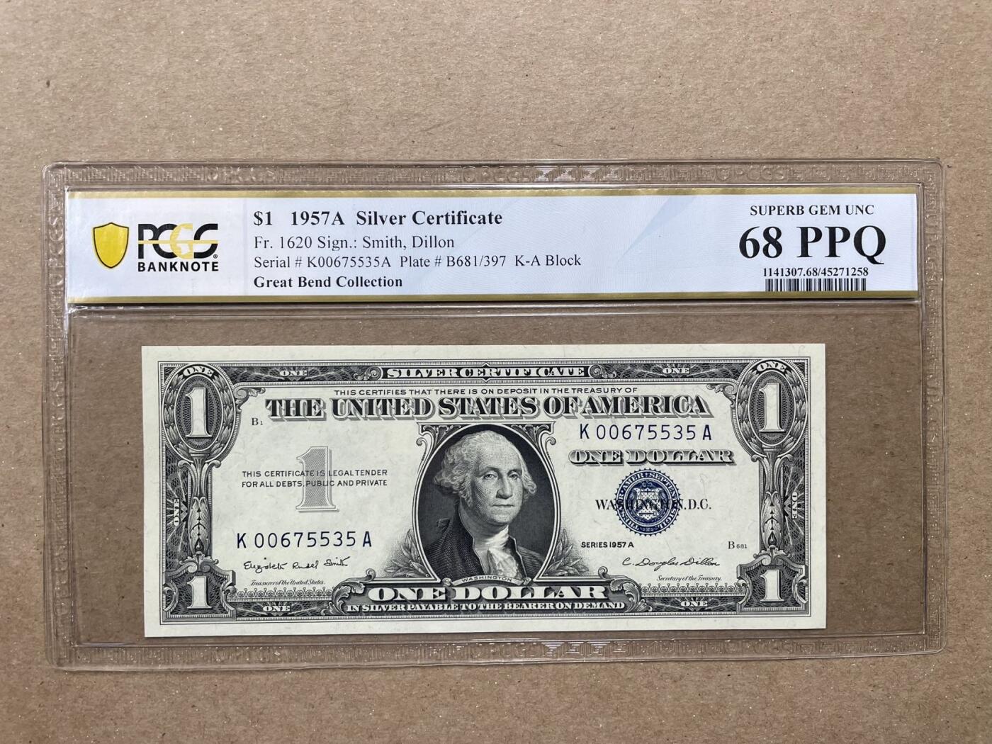 美国1957年A版白银券1美元 KA冠00开头 PCGS68PPQ K00675535