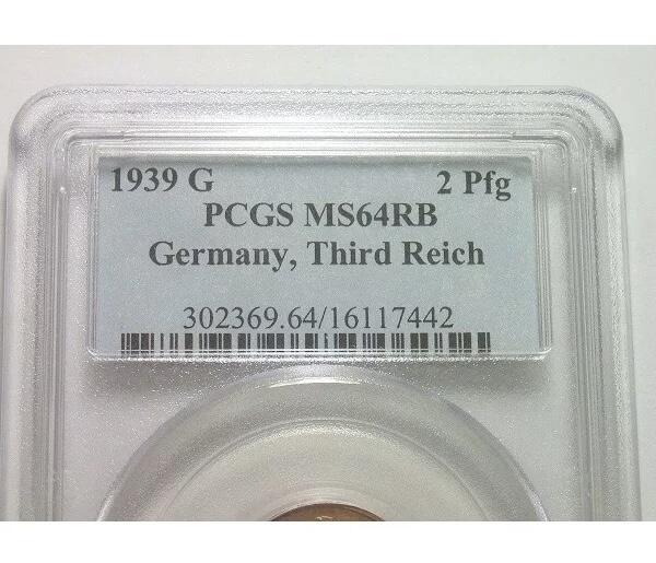 PCGS MS64RB 德国第三帝国1939年G版2芬尼 难得开卷原光