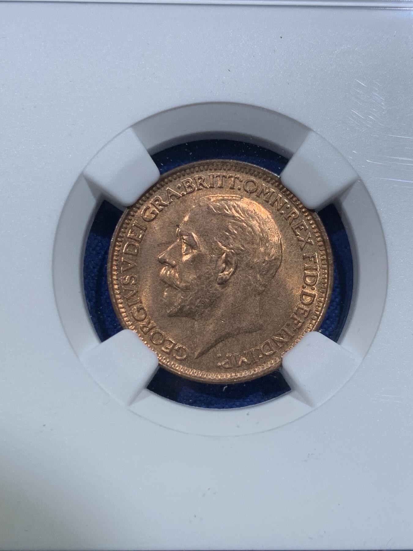 《竞宝斋》第427场 周日，周一  2场连拍 （全场包邮） NGC MS65RB 英国 1928年 乔治五世 1法新铜币 亚军分 接近百年前的铜币了 高分少见 铜币光泽依旧 十分漂亮