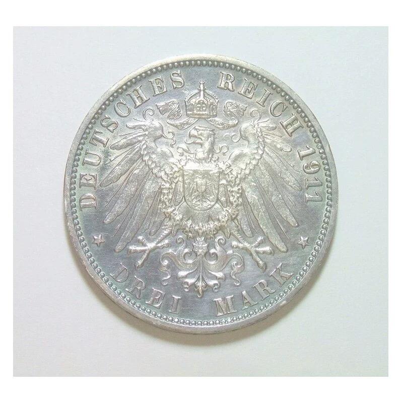 【银】德国符腾堡1911年威廉二世银婚3马克银币 酱五彩爽品