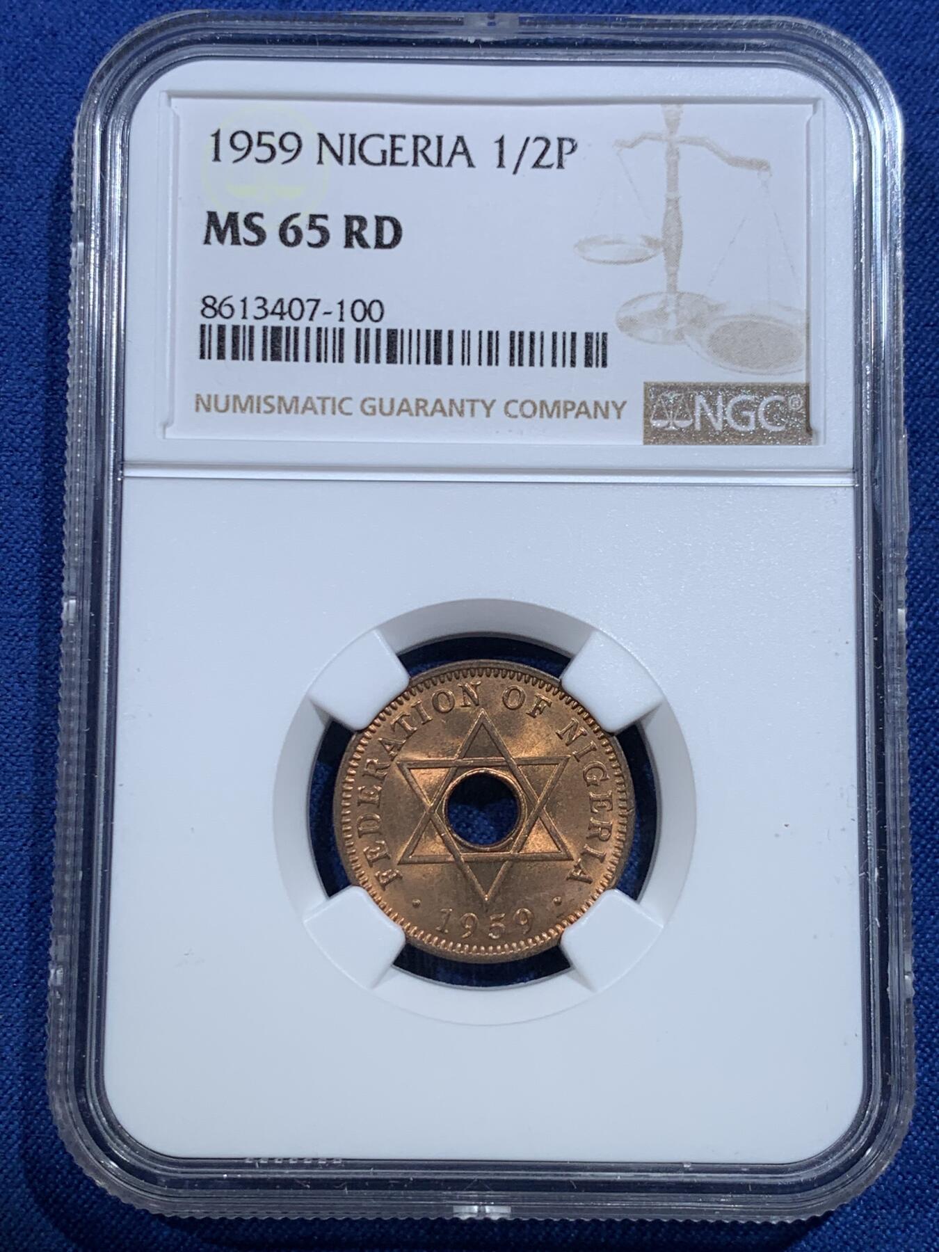 《竞宝斋》第427场 周日，周一  2场连拍 （全场包邮） NGC MS65RD 英属尼日利亚1959年1/2便士铜币 拆卷品高分！