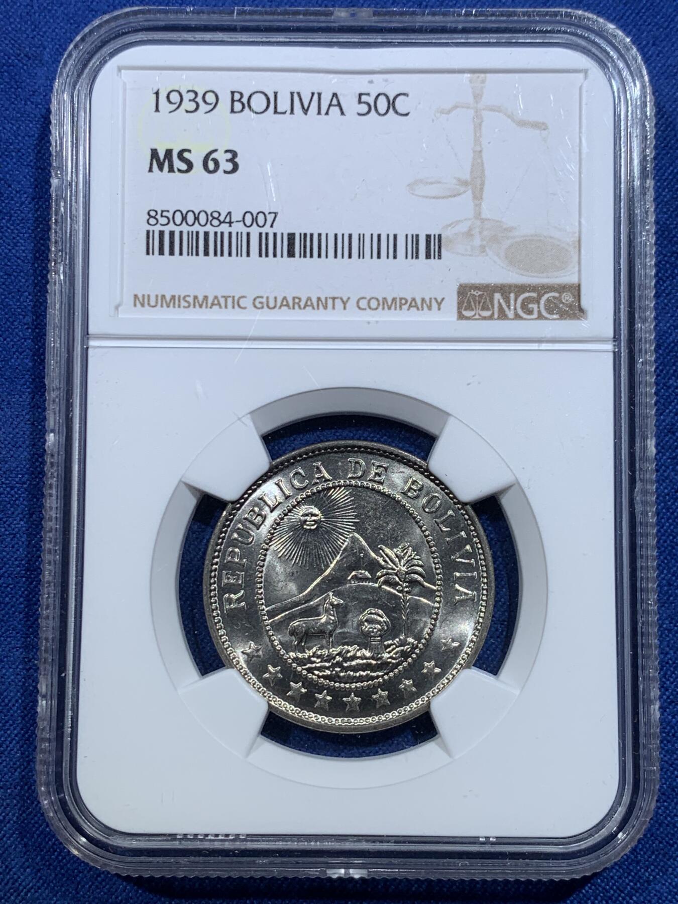 《竞宝斋》第427场 周日，周一  2场连拍 （全场包邮） NGC MS63 玻利维亚1939年50C，经典草泥马图案，背面权杖双蛇精美