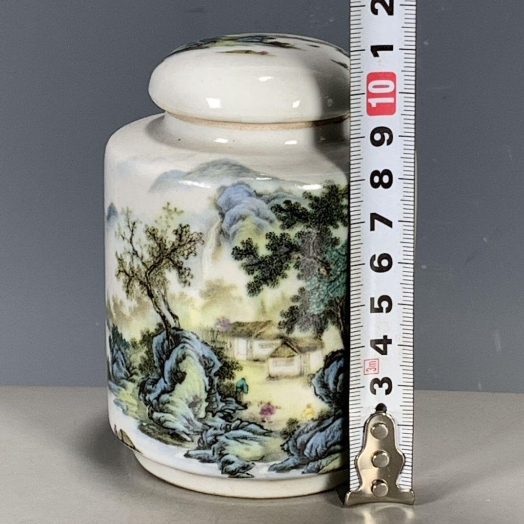听雨轩 古玩陶瓷 粉彩湖畔渔家茶叶盖罐