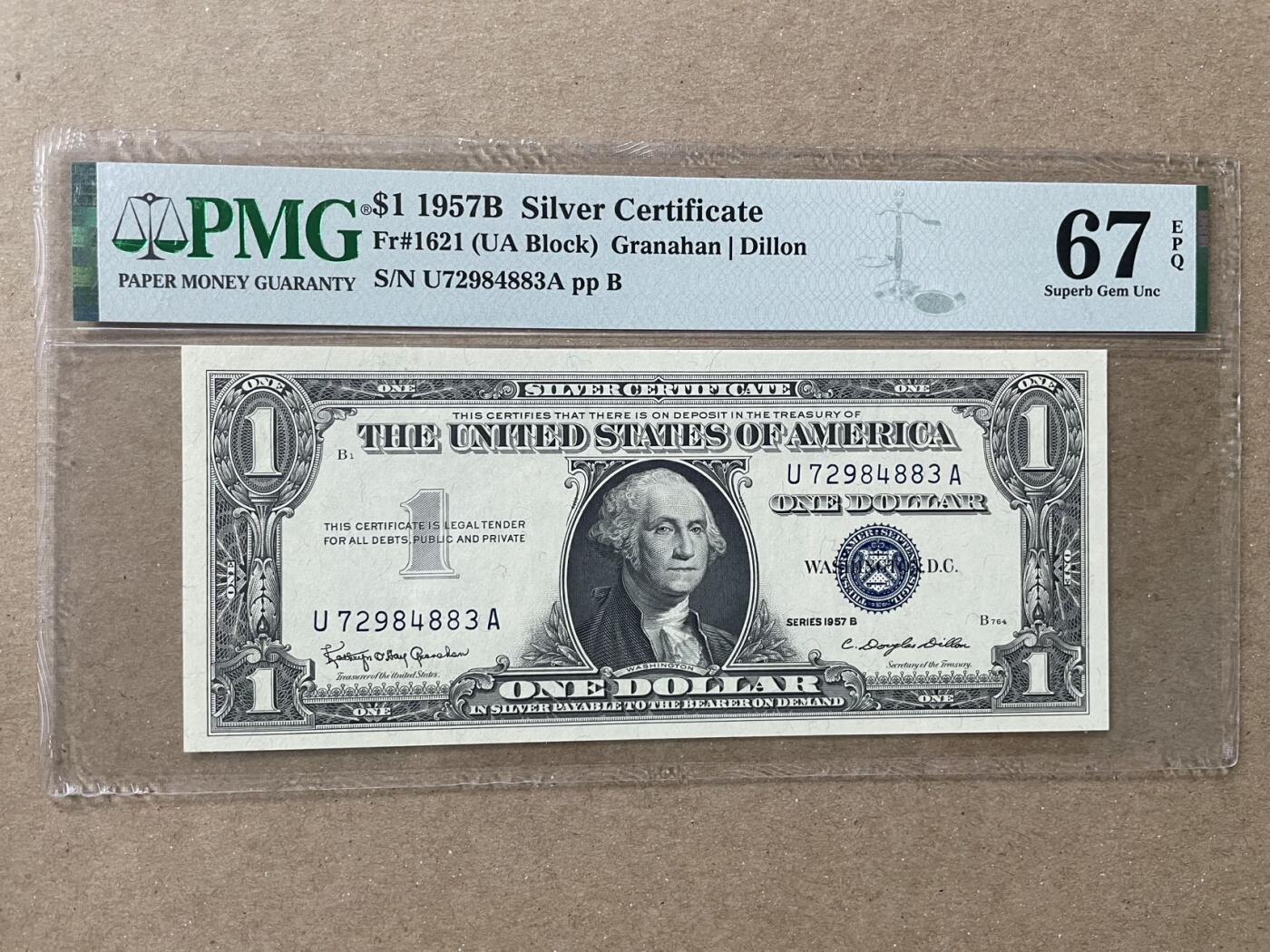美国1957年B版白银券1美元 UA冠 PMG67EPQ U72984883A