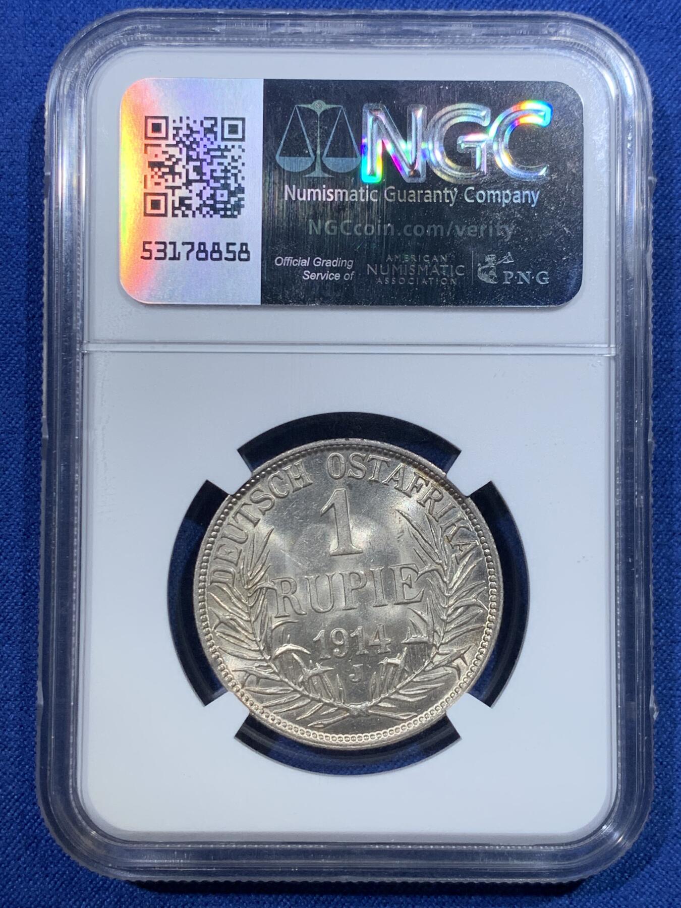 《竞宝斋》第427场 周日，周一  2场连拍 （全场包邮） NGC MS61  德属东非 1914年  j版1卢比银币。光度非常棒，感觉低评