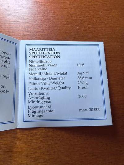 长老汇蛇年精选第六十一场拍卖 2006芬兰议会改革百周年10欧元精制银币，精制2万枚，盒证全