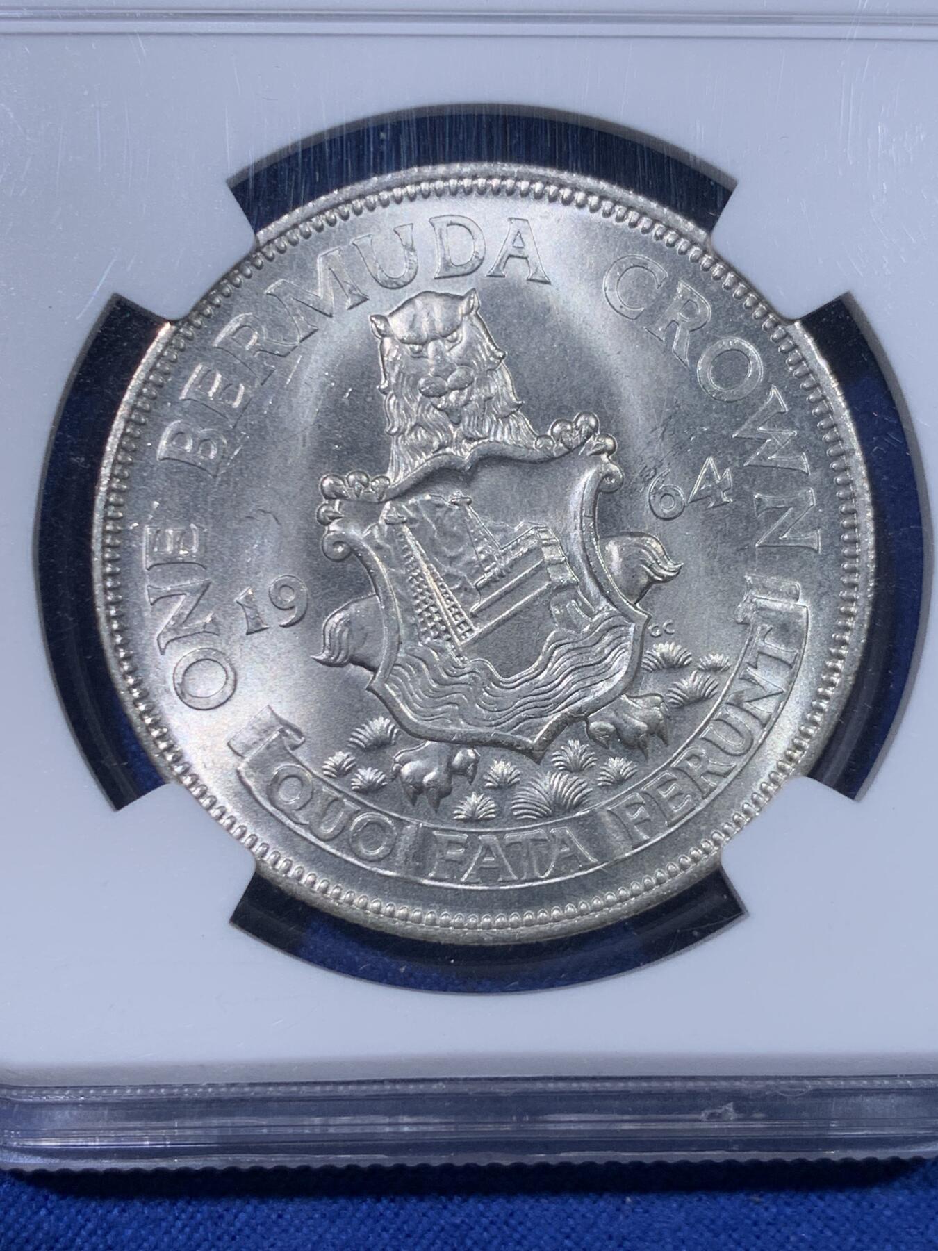 《竞宝斋》第428场 周日，周一  2场连拍 （全场包邮） NGC MS65 百慕大1964年1克朗银币，原光状态，银光十足，银价飞涨值得入手