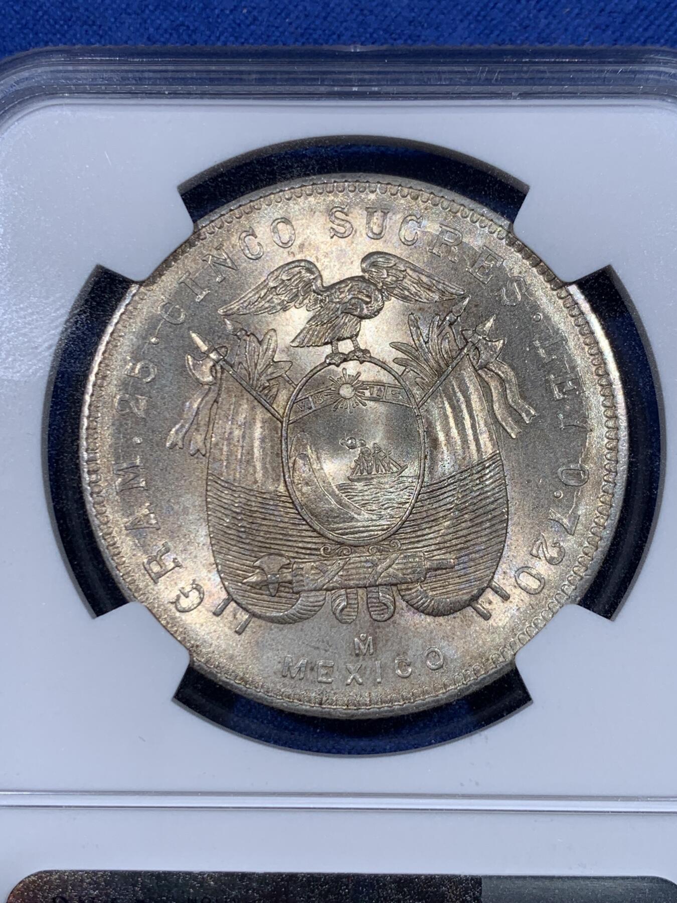 《竞宝斋》第428场 周日，周一  2场连拍 （全场包邮） NGC MS64 厄瓜多尔1943年5苏克雷银币，双面淡金彩，转光强烈细节优秀，状态一流，仅发行两个年份。
