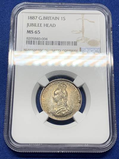 《竞宝斋》第428场 周日，周一  2场连拍 （全场包邮） - NGC MS65 英国1887年维多利亚女王高冠1先令 银币 双面淡金彩 底光充盈