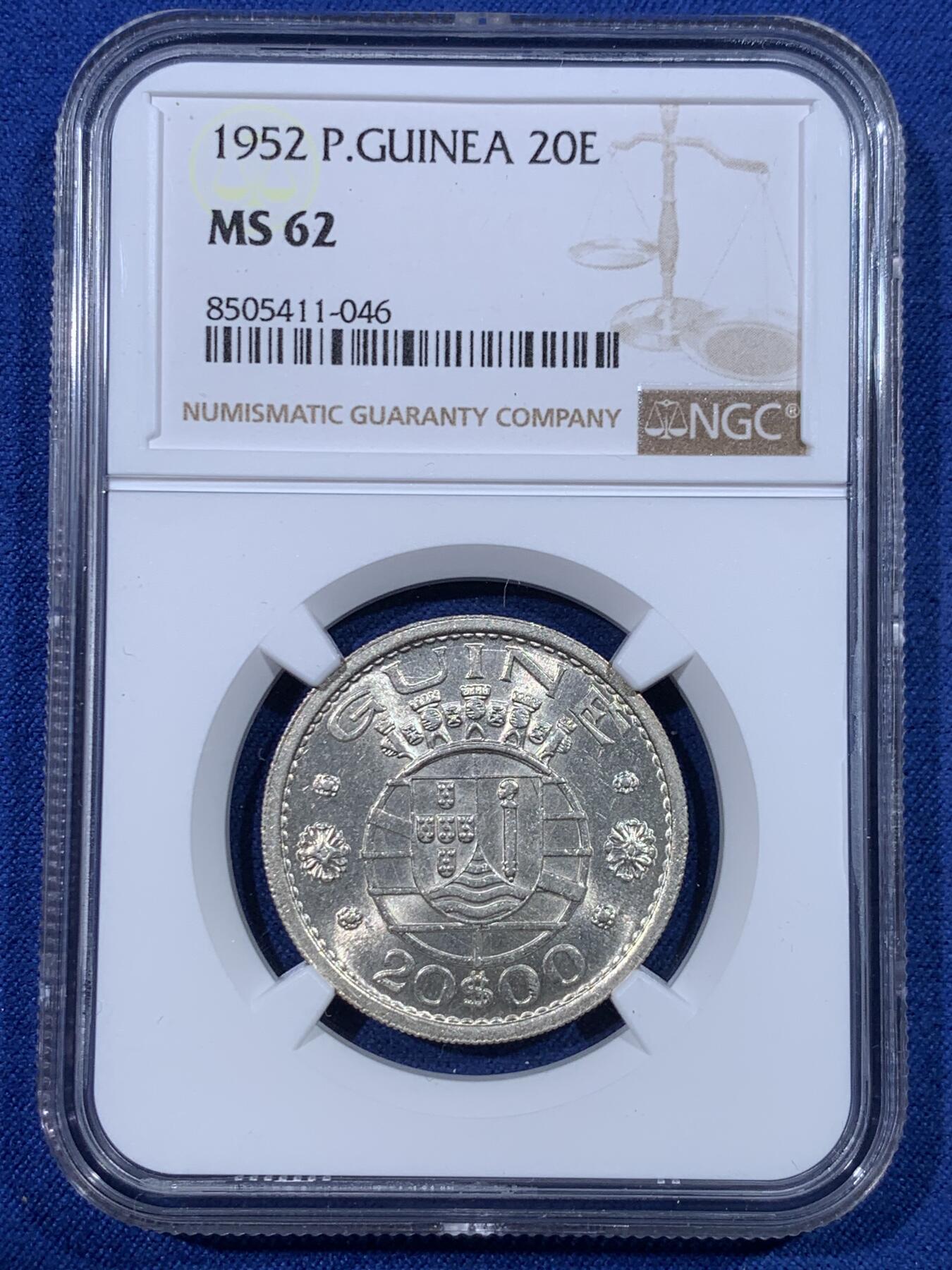《竞宝斋》第428场 周日，周一  2场连拍 （全场包邮） NGC MS62 葡属几内亚1952年20埃斯库多银币