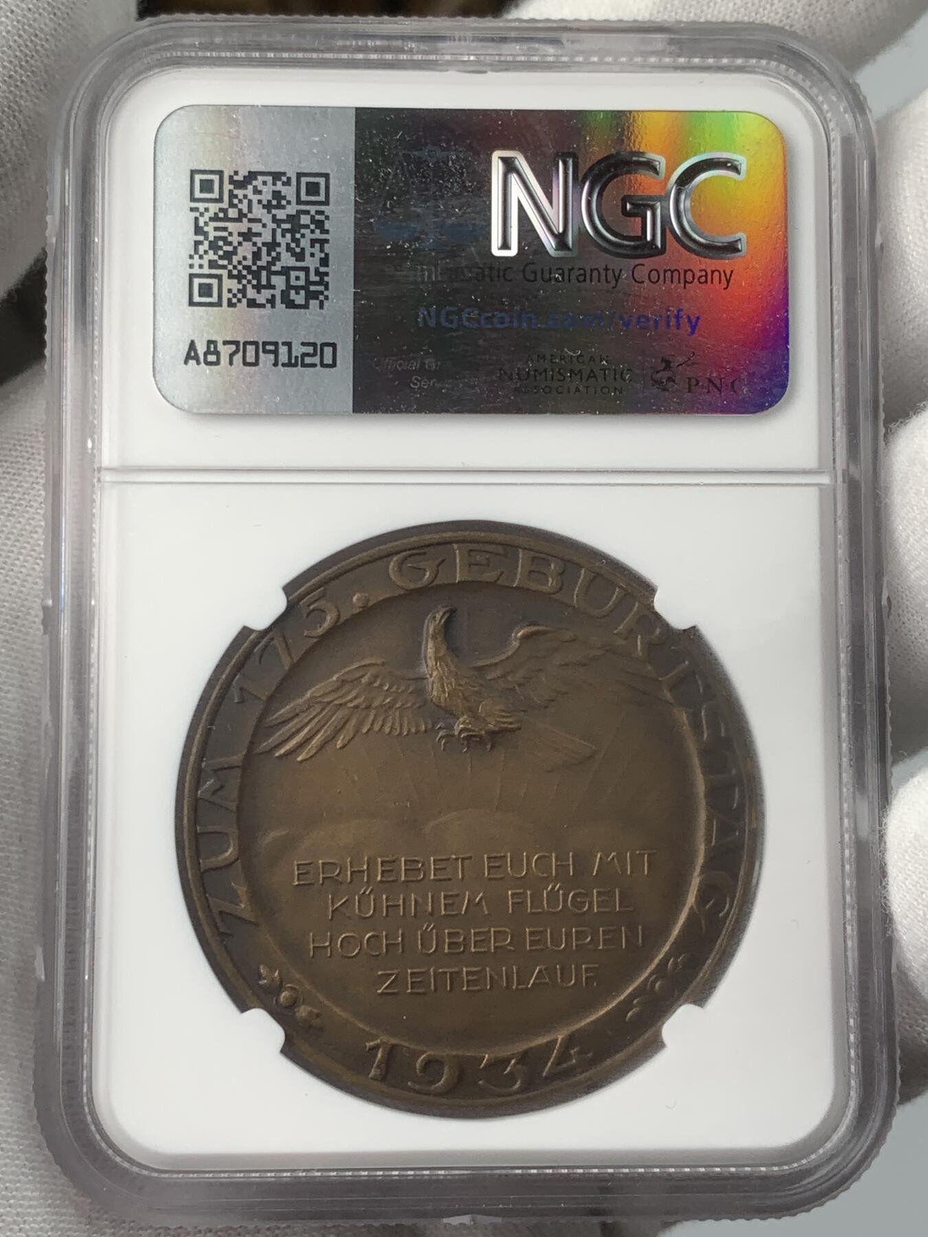 掌中浮雕-藏着的欧洲第037场 NGC MS64 : 1934年德国作家弗里德里希•冯•席勒诞辰175周年铜章，40mm；  卡尔•歌茨作品集KIENAST#500