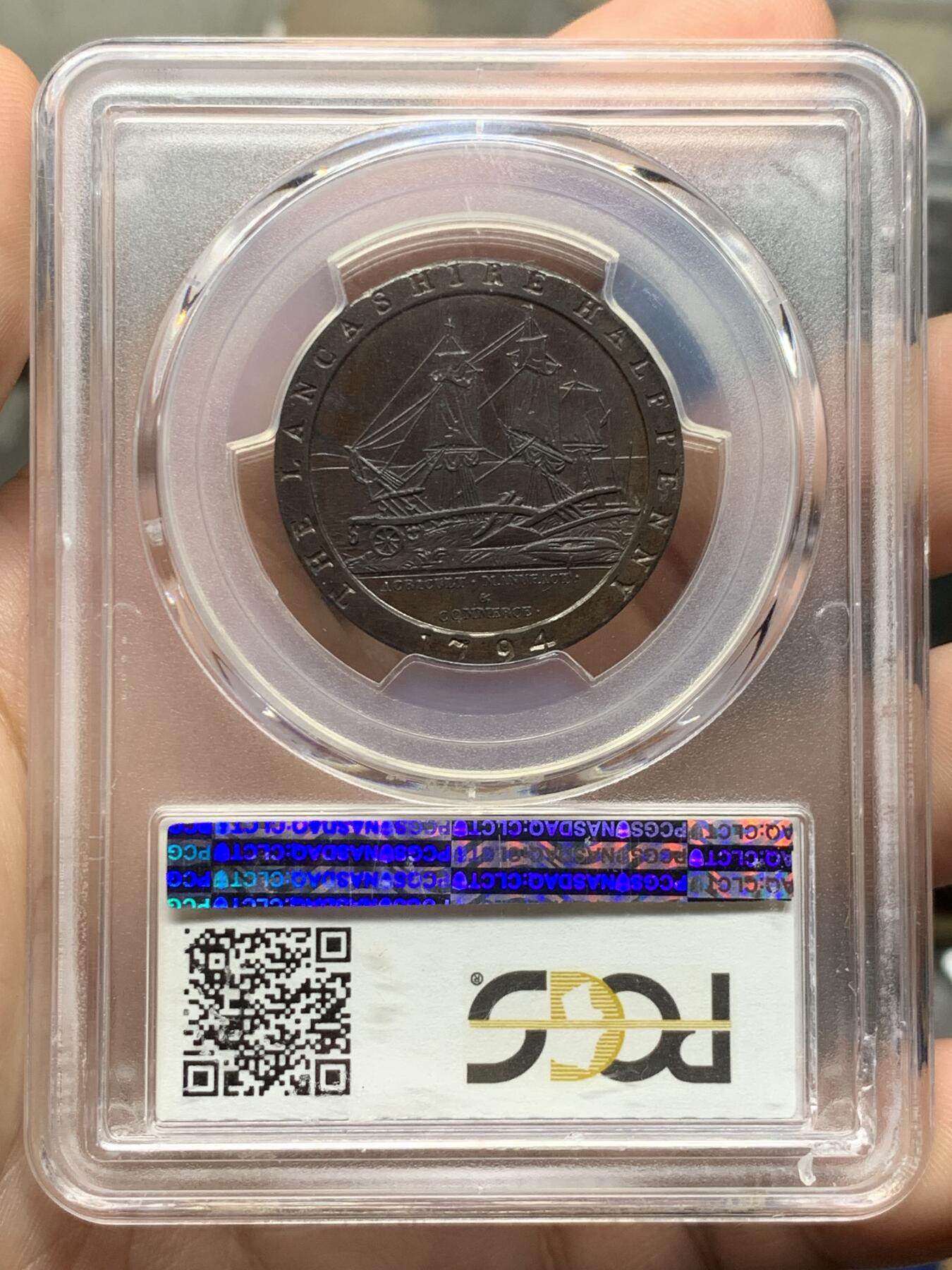 《竞宝斋》第428场 周日，周一  2场连拍 （全场包邮） PCGS PR63 英国1794年兰开斯特半便士铜代币 Conder Token，首见精制版本 SOHO厂制作，大车轮便士技术鼻祖，最早采用宽边铭技术的钱币
