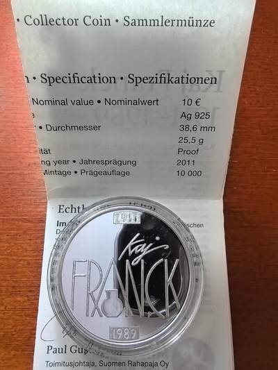 长老汇蛇年精选第六十一场拍卖  2011芬兰弗兰克工业艺术10欧元精制银币，普制5000枚，精制1万枚，盒证全