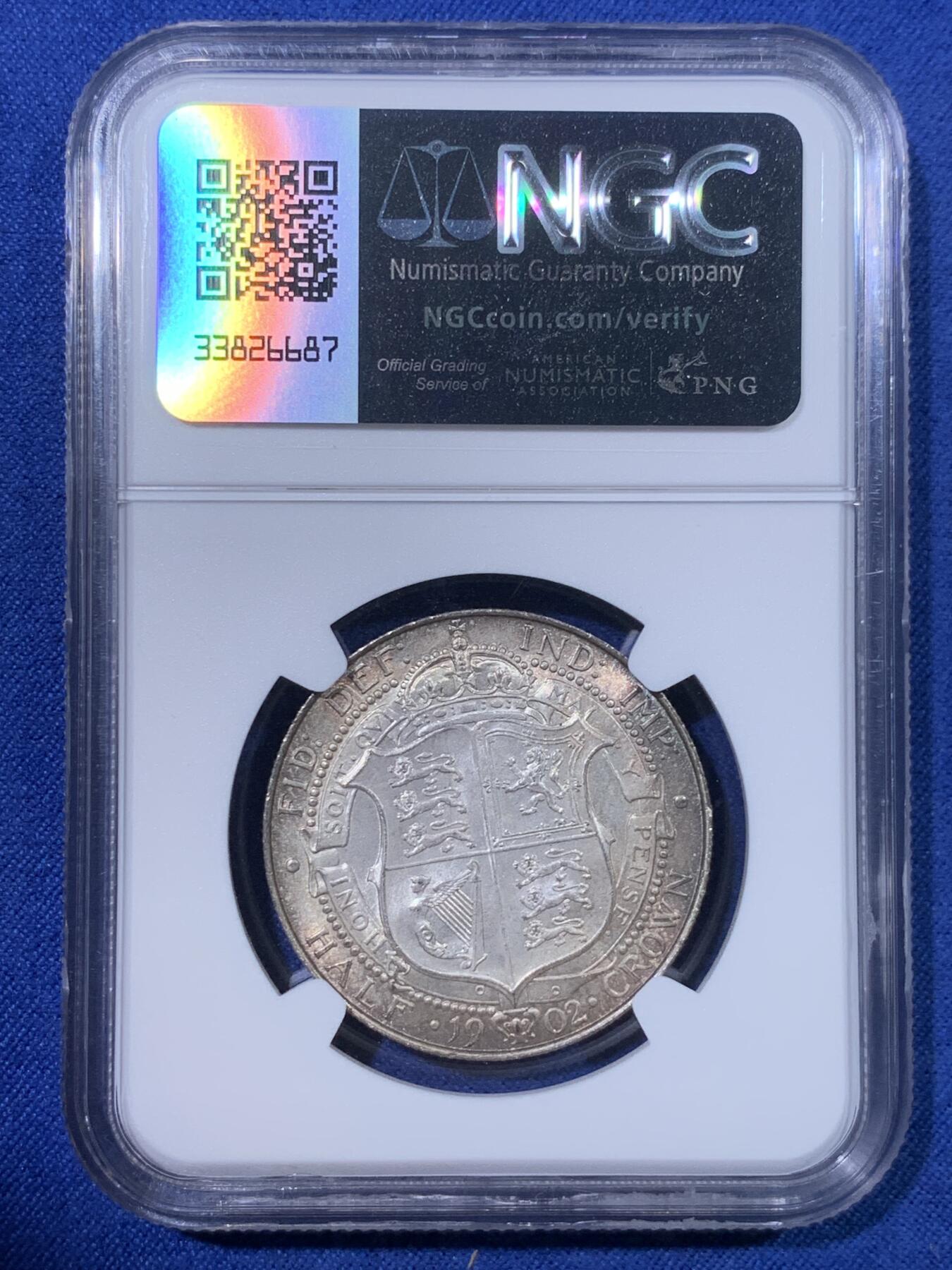 《竞宝斋》第428场 周日，周一  2场连拍 （全场包邮） NGC MS63 英国1902年爱德华七世半克朗银币，流通版本，双面环彩，银光丝滑粉润，状态极佳。爱七半克朗流通版高分比精制版少见，高品难得