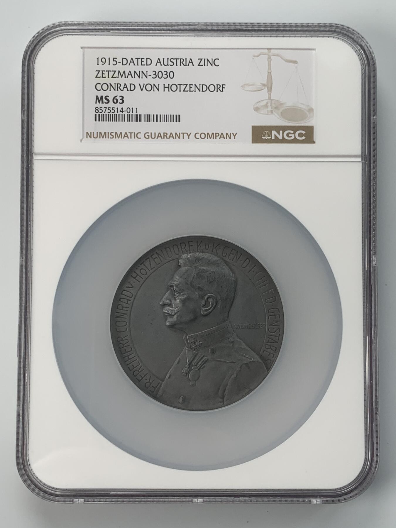掌中浮雕-藏着的欧洲第037场 NGC MS63 : 1915年奥地利一战霍岑多夫男爵纪念锌章  ,  60mm