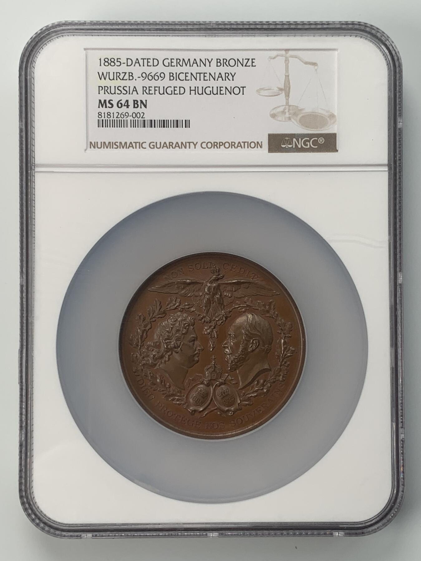 掌中浮雕-藏着的欧洲第037场 NGC MS64 ：1885年德国普鲁士胡根诺教派200周年纪念大选帝侯和威廉一世大铜章， 61mm   