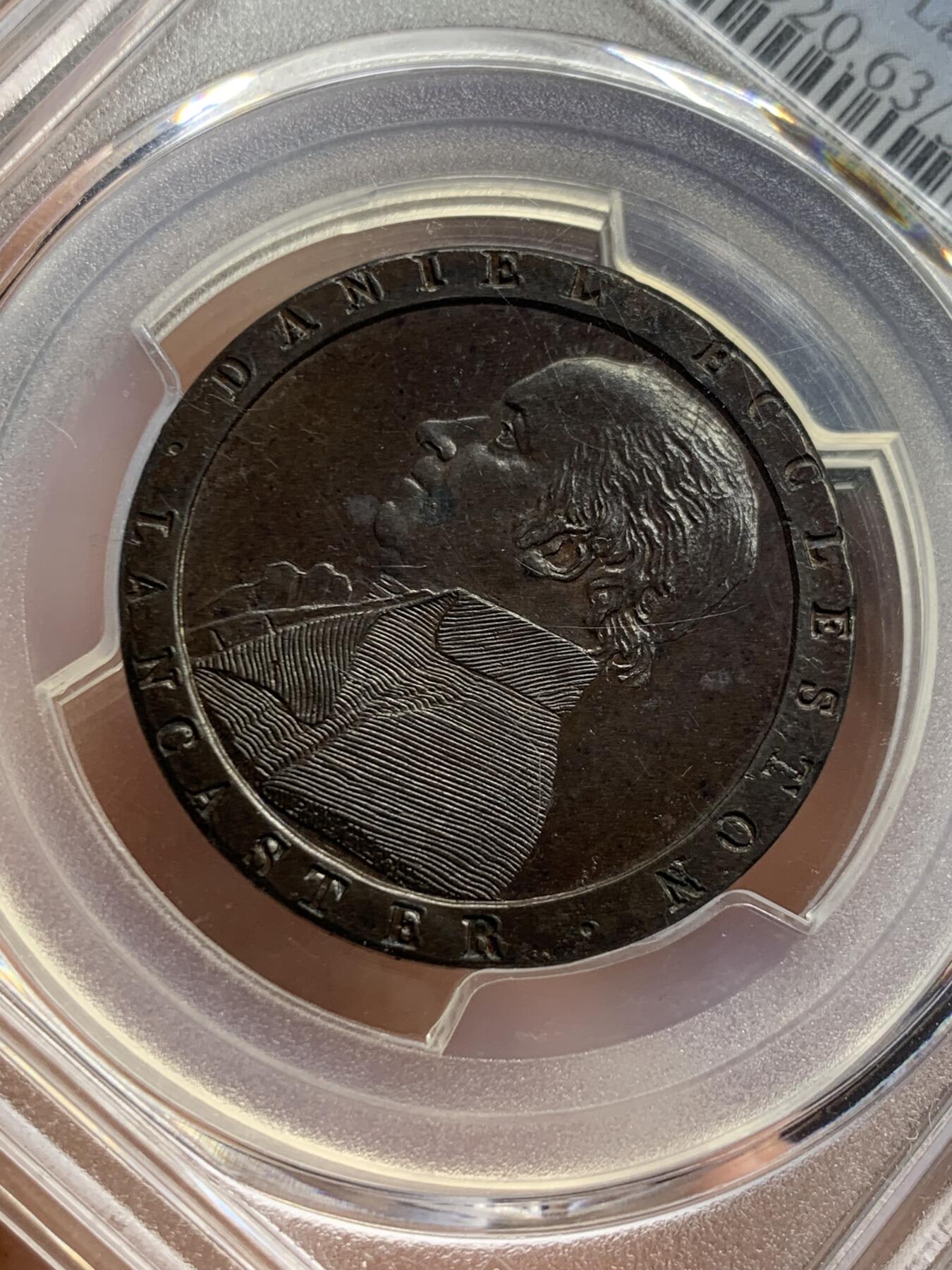 《竞宝斋》第428场 周日，周一  2场连拍 （全场包邮） PCGS PR63 英国1794年兰开斯特半便士铜代币 Conder Token，首见精制版本 SOHO厂制作，大车轮便士技术鼻祖，最早采用宽边铭技术的钱币