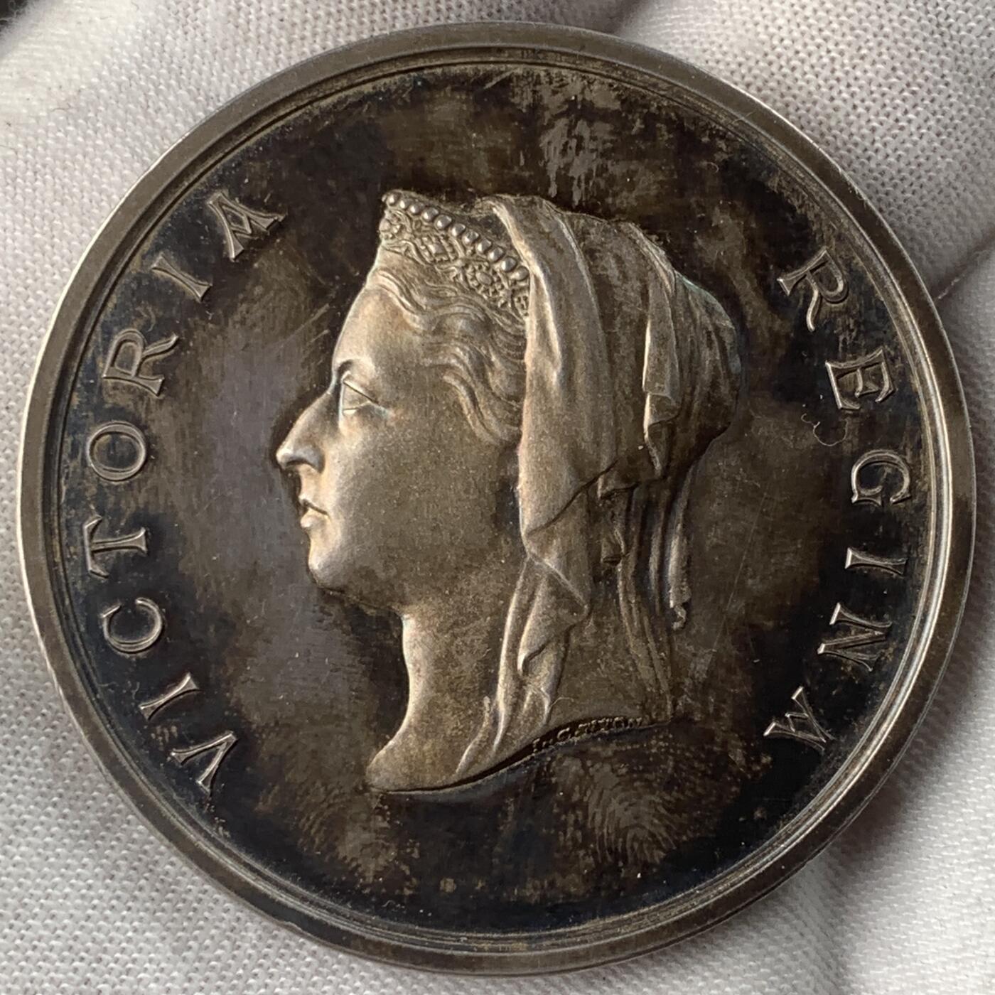 掌中浮雕-藏着的欧洲第037场 1885年伦敦国际发明展银章、铜章一对，带原盒， L.C. Wyon雕刻，45mm，自制塑封盒便于展示