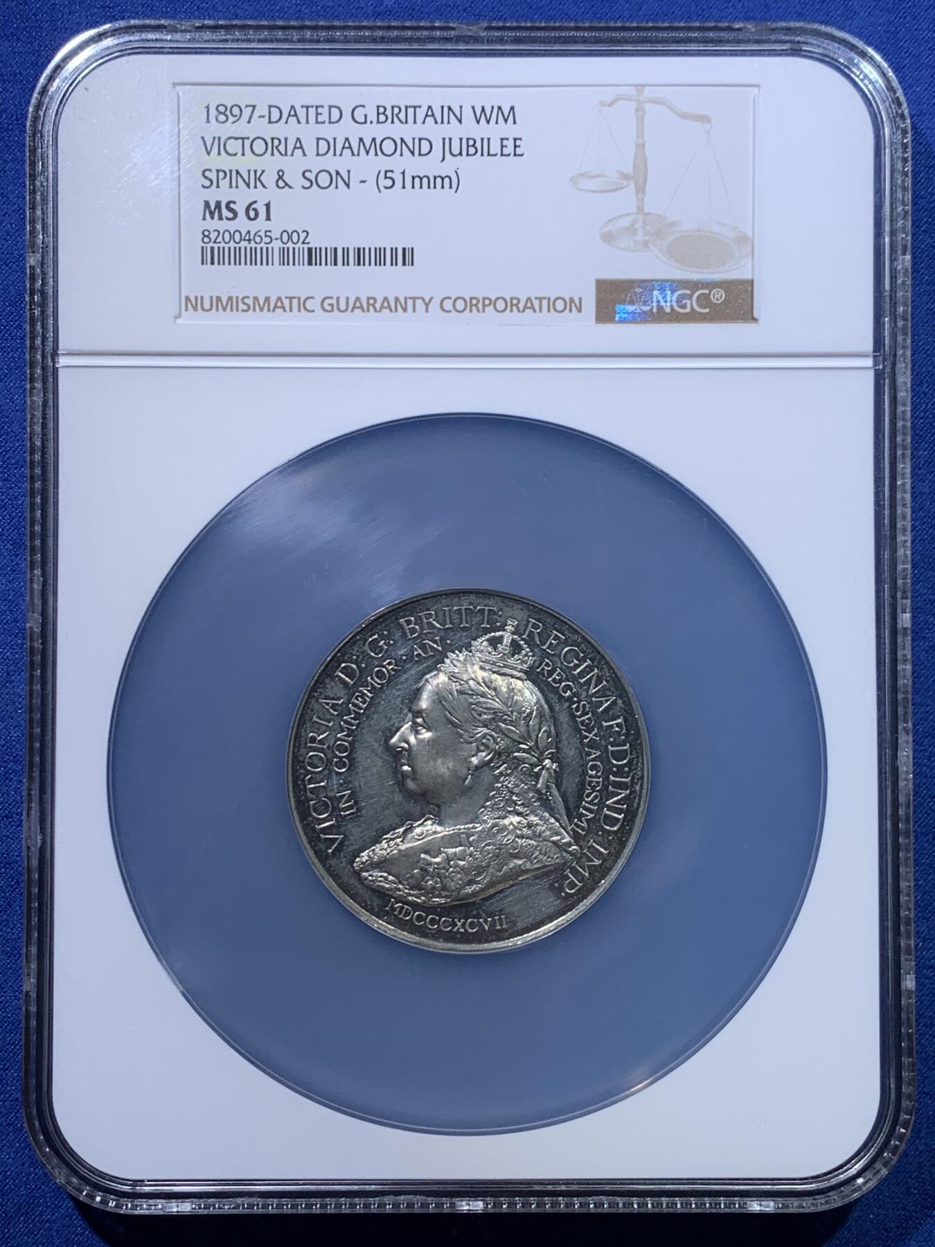 《竞宝斋》第428场 周日，周一  2场连拍 （全场包邮） NGC MS61 英国1897年维多利亚加冕60周年WM材质章 少见品种 加大盒封装