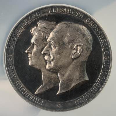 掌中浮雕-藏着的欧洲第037场 - NGC MS62 ：1912年德国奥尔登堡大公弗里德里希·奥古斯特与夫人伊丽莎白结婚50周年纪念银章，50mm