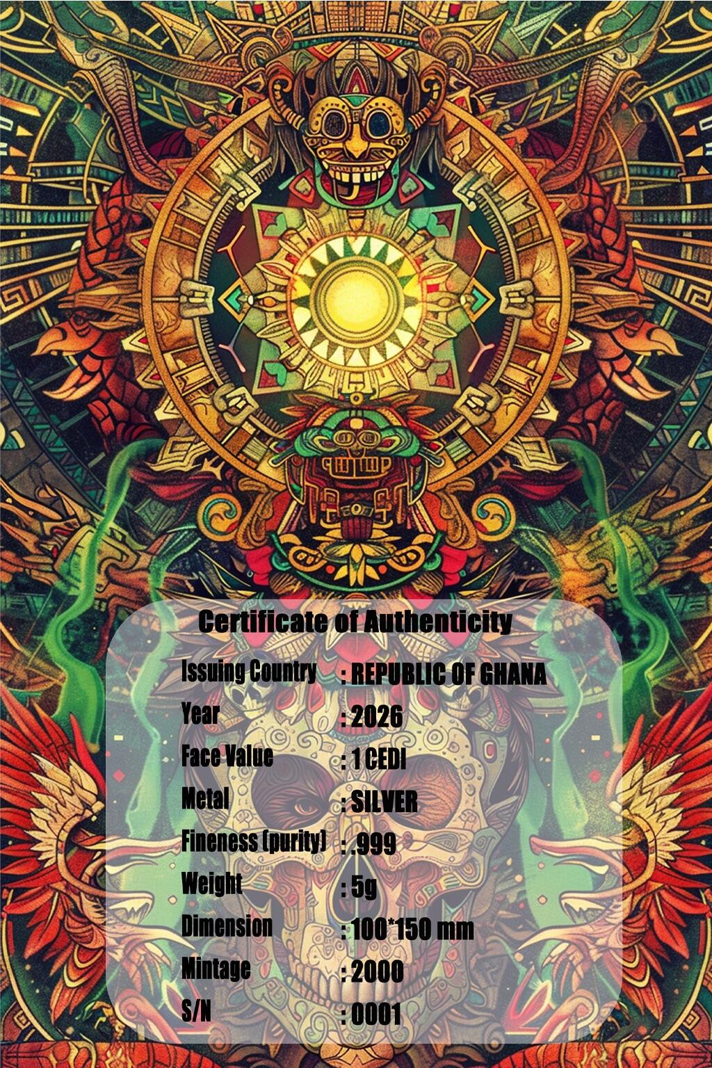 CSIS-GREAT评级精品钱币拍卖第三百二十一期 加纳2026年中美洲遗产系列首枚第五太阳纪骷髅长方形异形双面彩色纪念银币