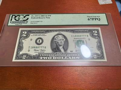 长老汇蛇年精选第六十一场拍卖 - 2003美国杰弗逊2美元纸钞，PCGS 67，狮子号8888+豹子号777