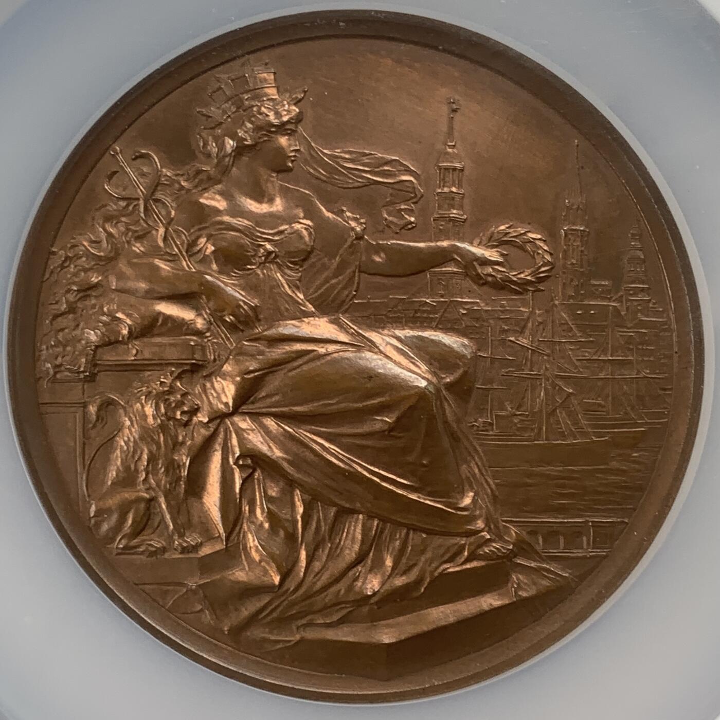 掌中浮雕-藏着的欧洲第037场 NGC UNC : 1889年德国汉堡工商业展览会纪念大铜章，70mm