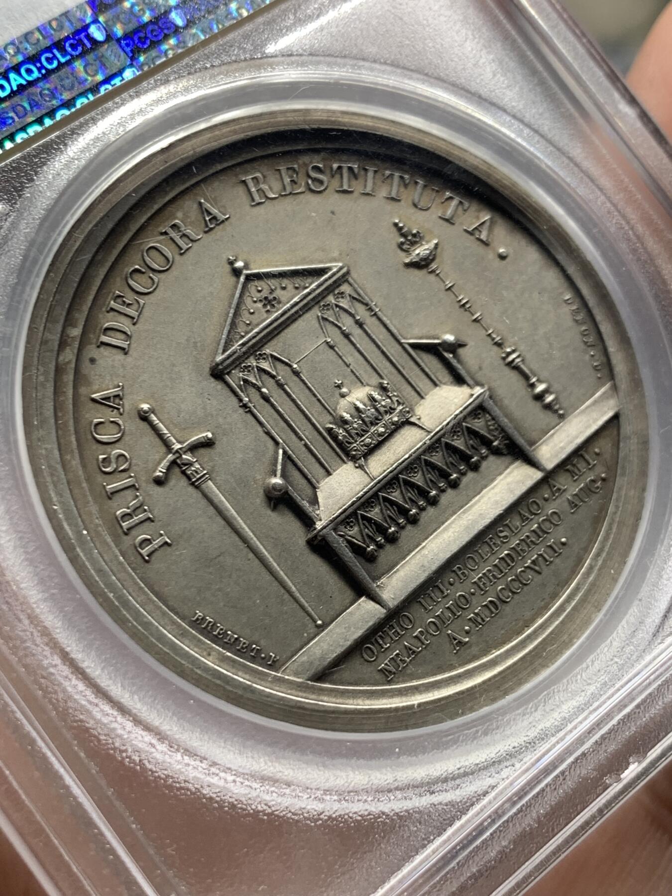 《竞宝斋》第428场 周日，周一  2场连拍 （全场包邮） PCGS SP63 法国拿破仑华沙公国建立银章 唯一评级记录冠军分 双面高浮雕加厚盒