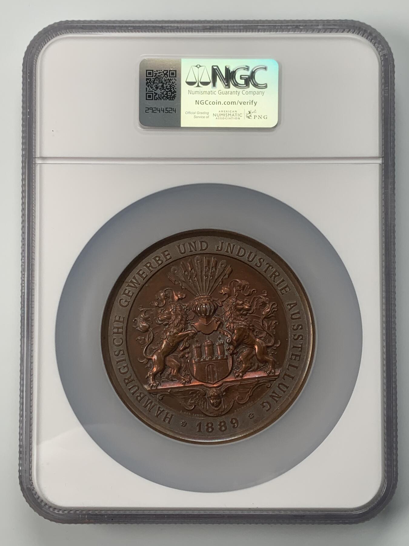 掌中浮雕-藏着的欧洲第037场 NGC UNC : 1889年德国汉堡工商业展览会纪念大铜章，70mm