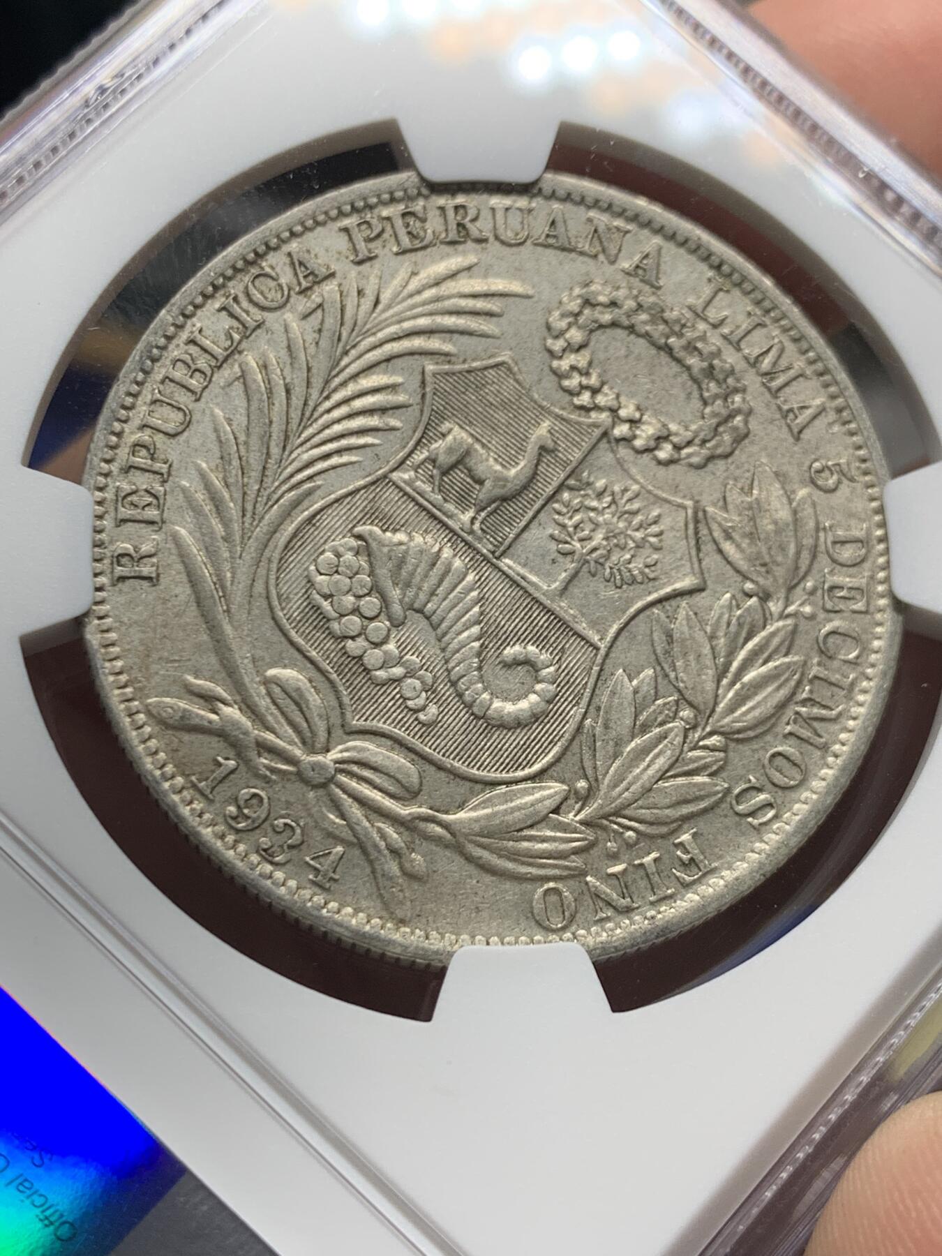 《竞宝斋》第428场 周日，周一  2场连拍 （全场包邮） NGC AU53 秘鲁1934年坐人女神1索尔银币