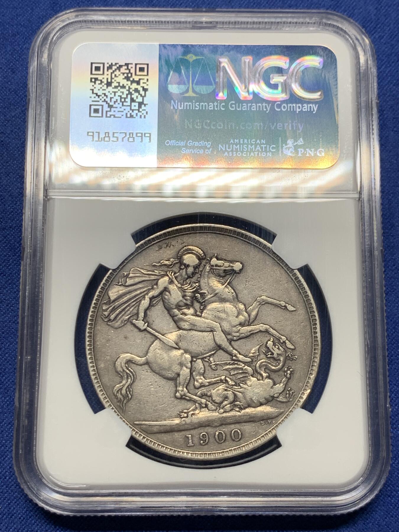 《竞宝斋》第428场 周日，周一  2场连拍 （全场包邮） NGC VF35 英国1900年维多利亚披纱马剑大银币