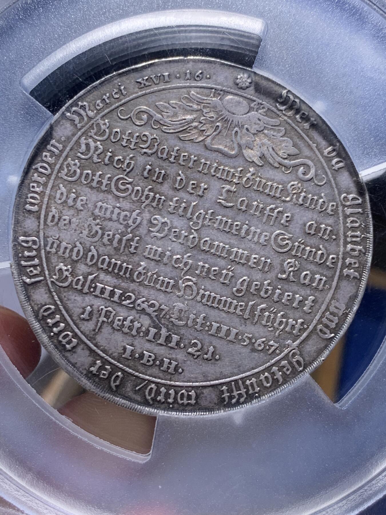 《竞宝斋》第428场 周日，周一  2场连拍 （全场包邮） PCGS AU50 德国 1742-IBH 哈茨洗礼大型泰勒银币 五彩包浆 状态好 低评 稀少版 外网VF品相625欧元成交 PCGS加大盒