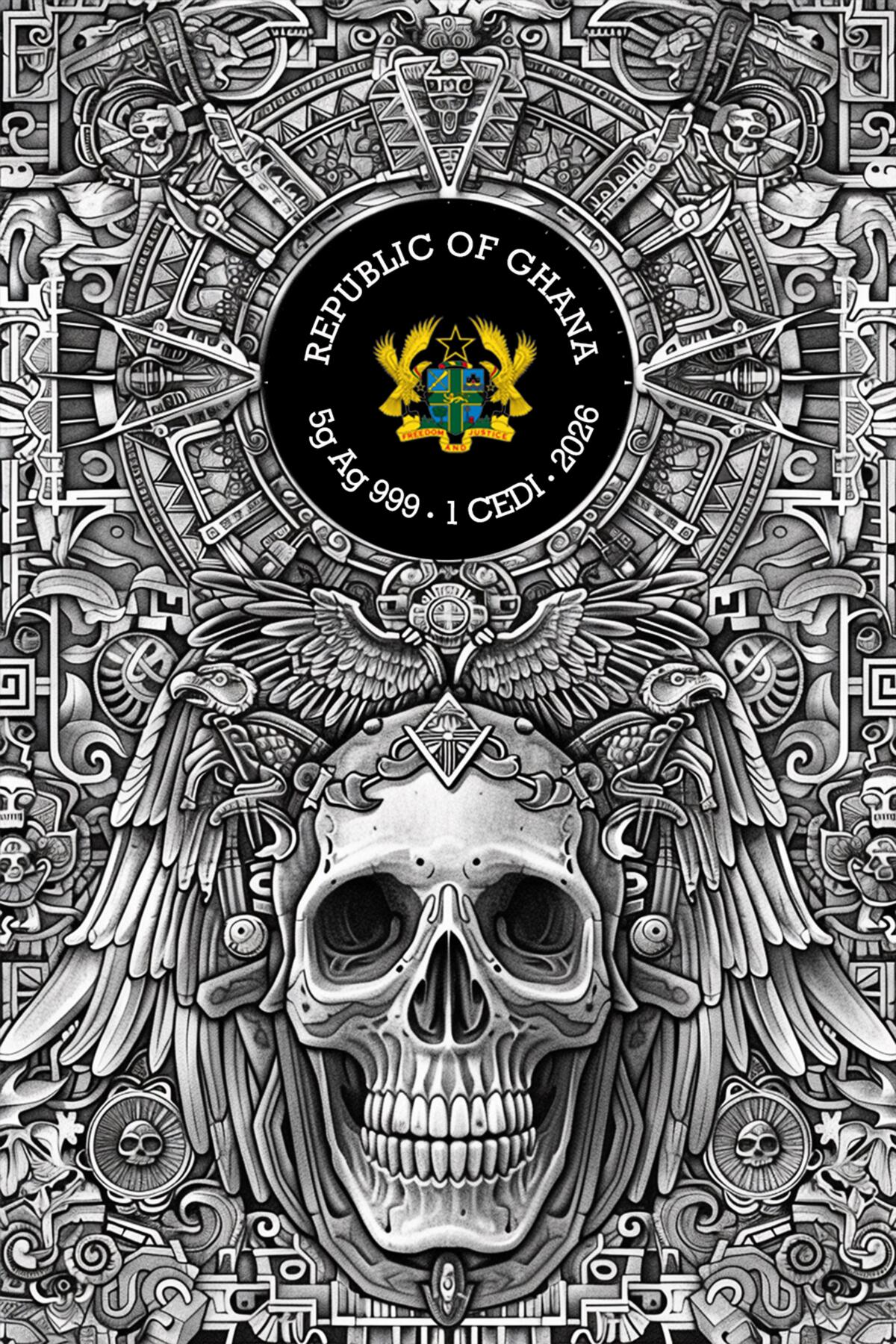 CSIS-GREAT评级精品钱币拍卖第三百二十一期 加纳2026年中美洲遗产系列首枚第五太阳纪骷髅长方形异形双面彩色纪念银币