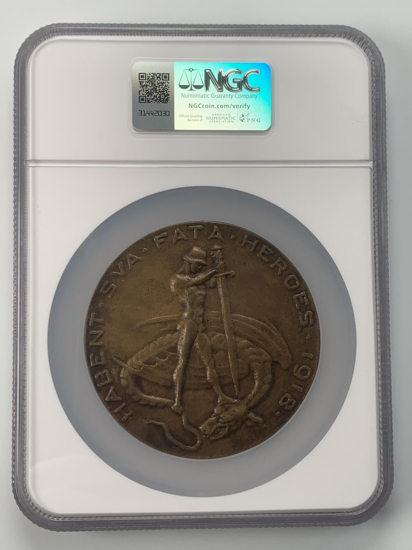 掌中浮雕-藏着的欧洲第037场 NGC MS63 : 1913年德国一战兴登保将军纪念大铜章，76mm，双面浇铸章，背面德国士兵屠龙少见