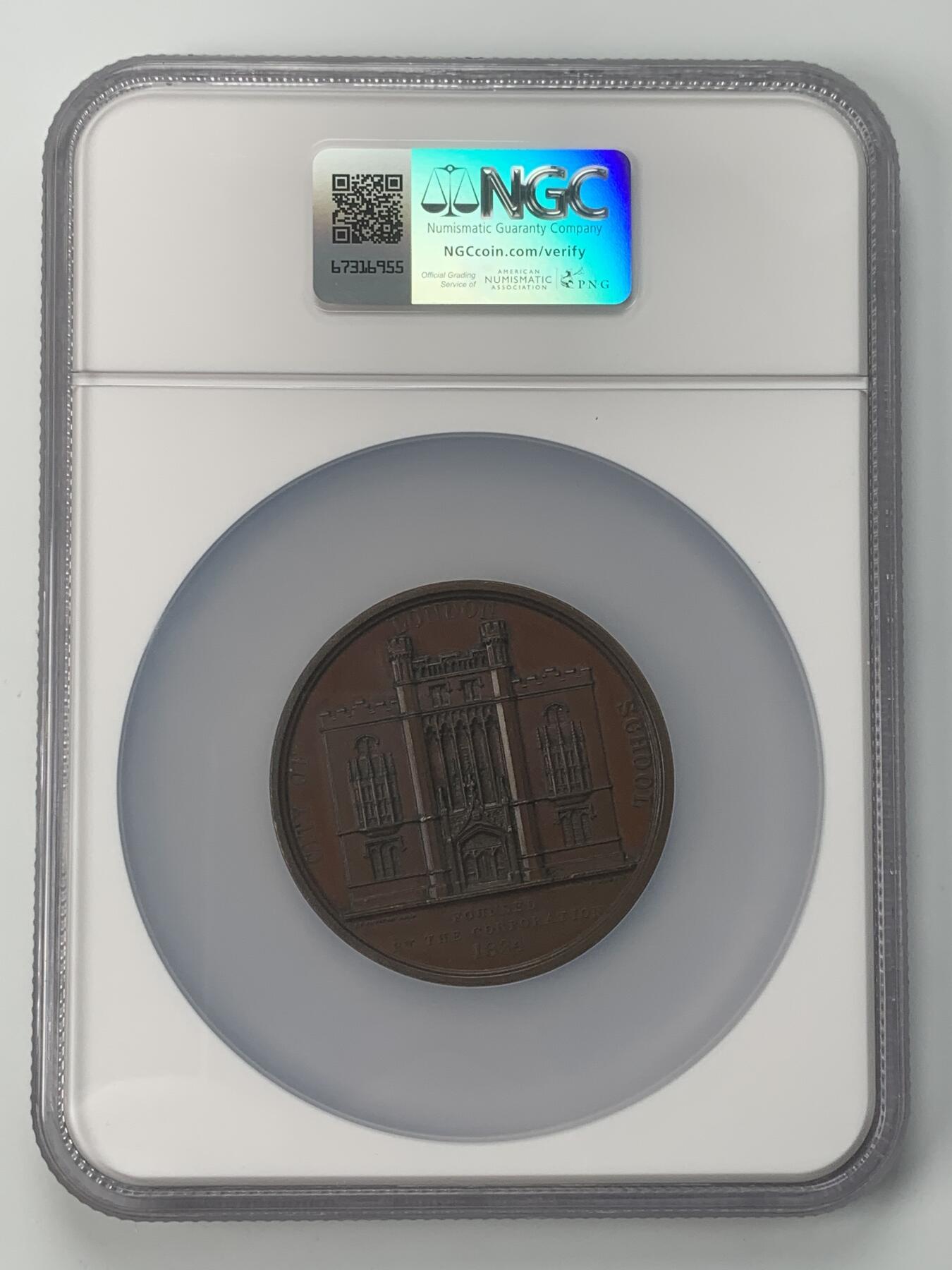 掌中浮雕-藏着的欧洲第037场 NGC MS64 : 1834年英国伦敦城市学院建成铜章 , 58mm