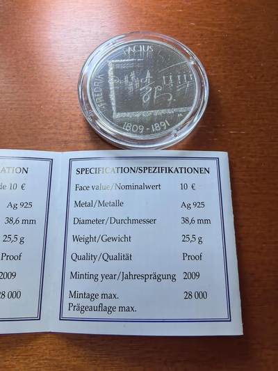 长老汇蛇年精选第六十一场拍卖 2009芬兰音乐家帕修斯10欧元精制银币，精制2.8万枚，盒证全